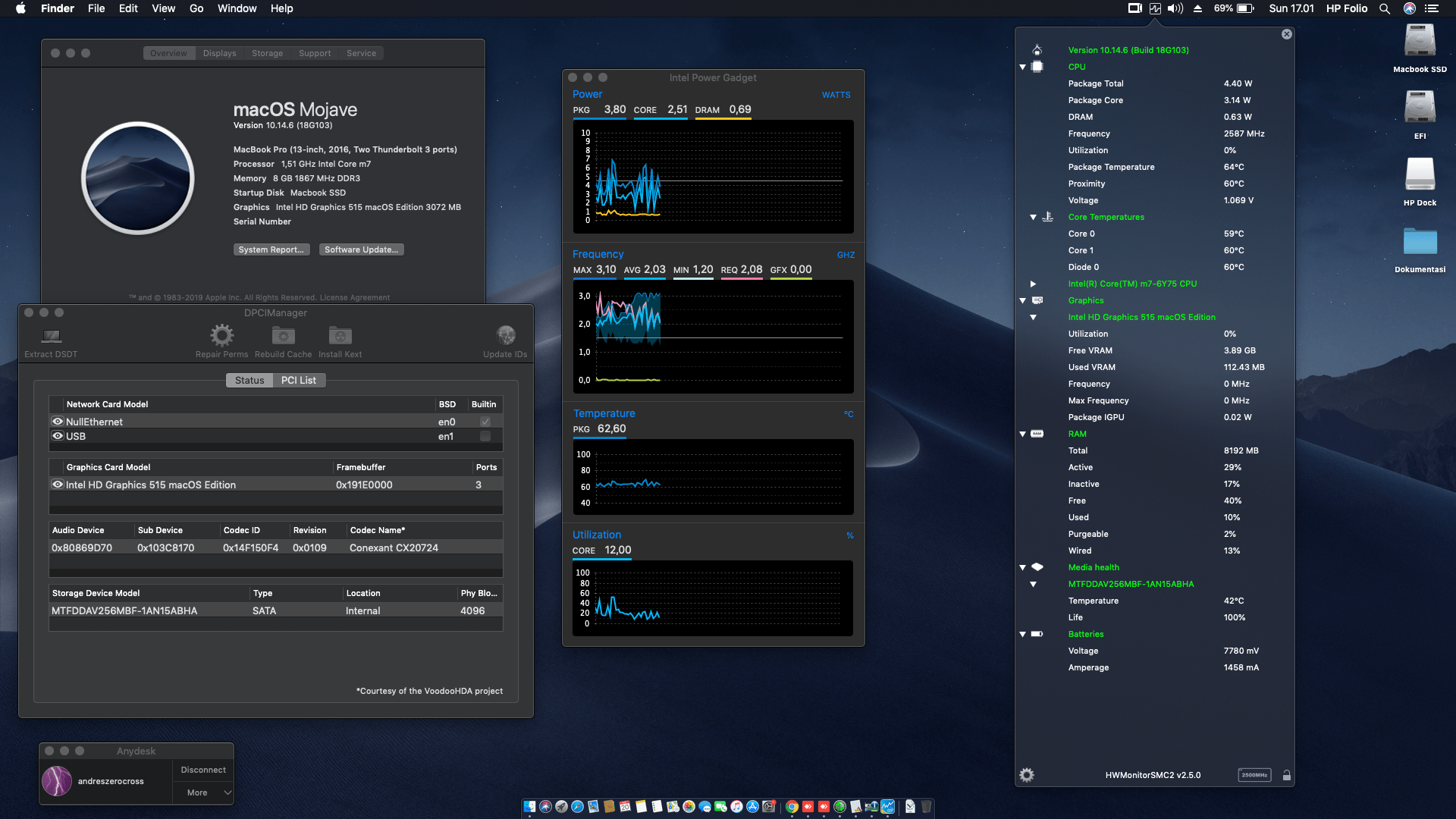 Success Hackintosh macOS Mojave 10.14.6 Build 18G103 at HP Elitebook Folio G1-P2C90AV